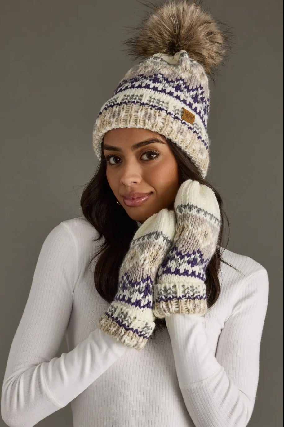 Ivory, Purple & Taupe Patterned Pom Hat