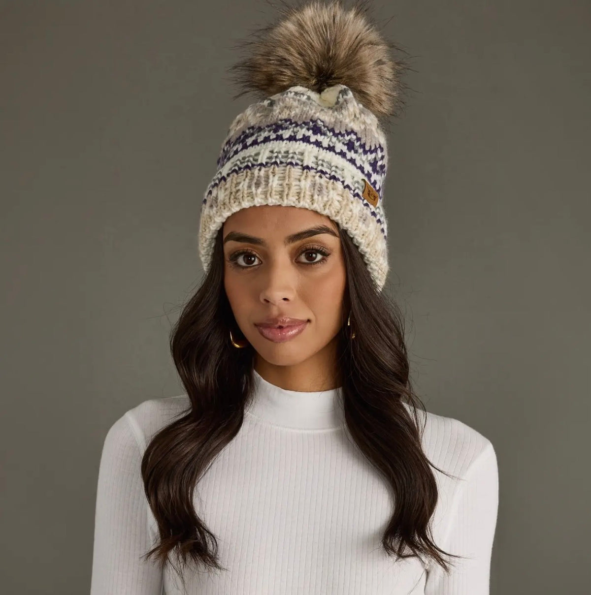 Ivory, Purple & Taupe Patterned Pom Hat