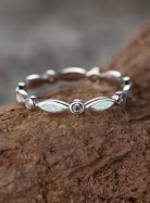 Silver Horse Eye Shape White Australian Opal & Small White Diamond Ring