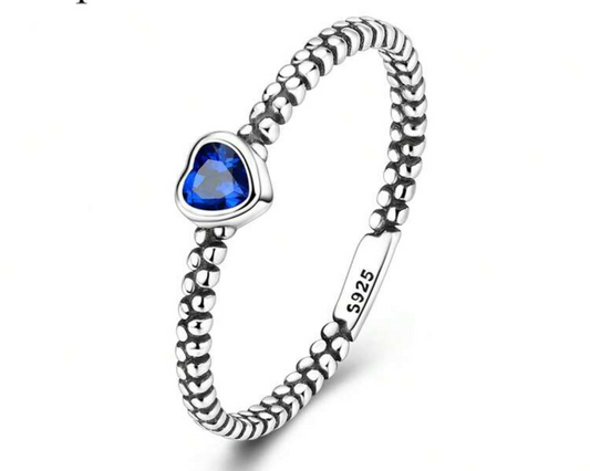 Blue Crystal Heart Sterling Silver Ring