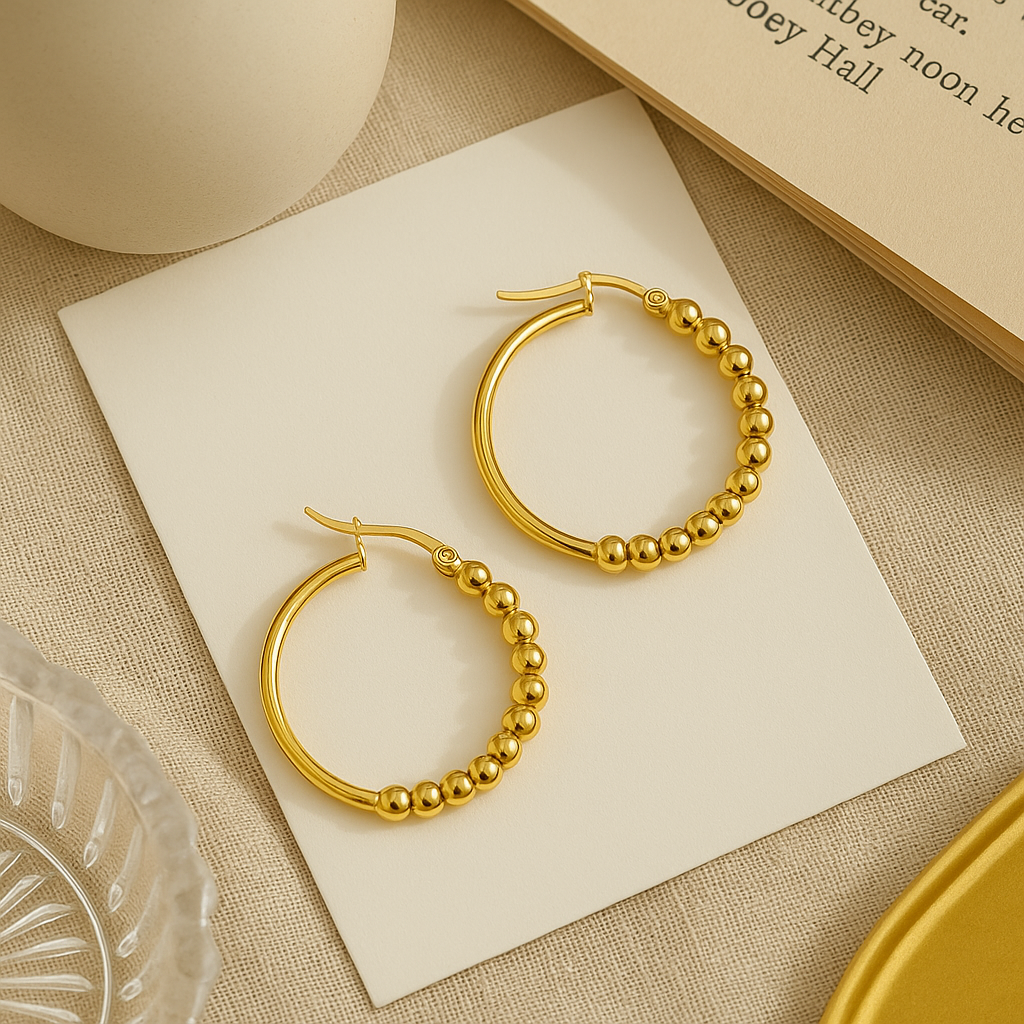 Stainless Steel Beaded Hoop Earrings (Lg)