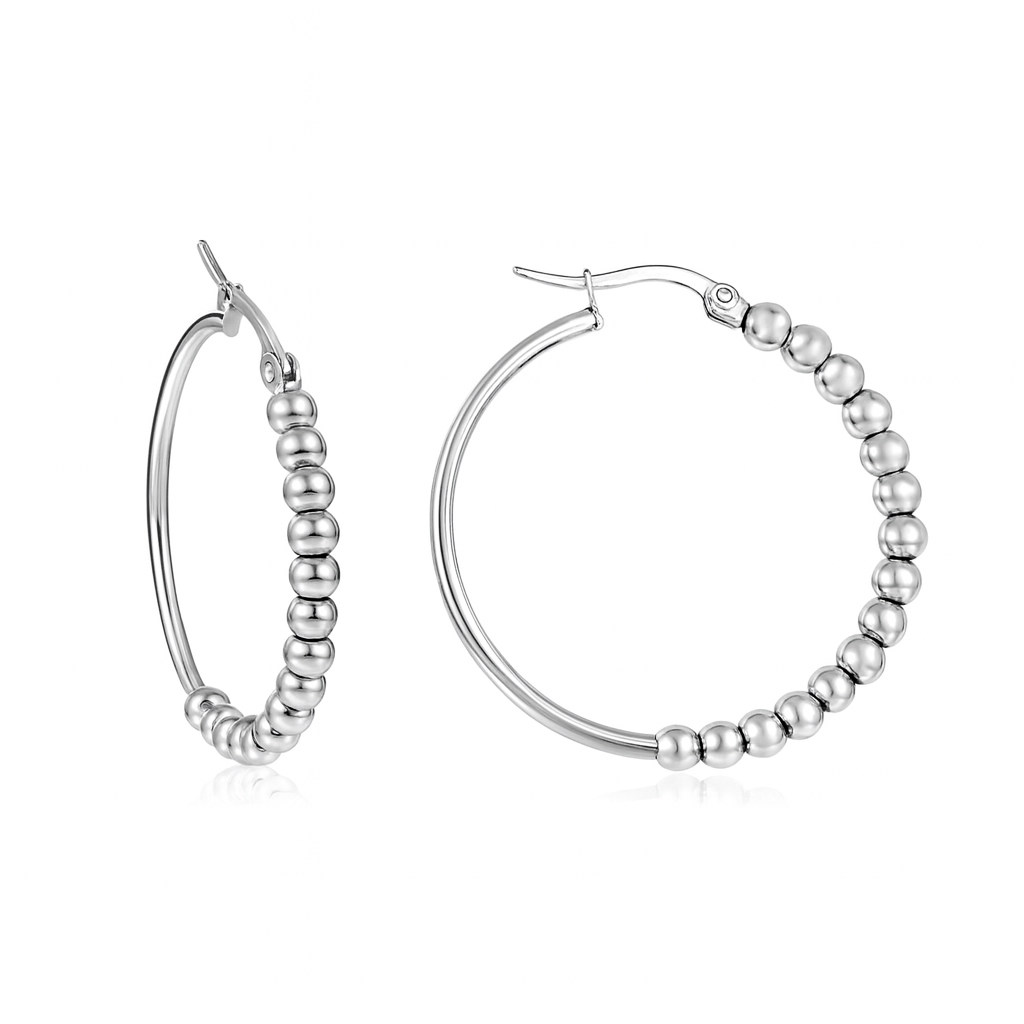 Stainless Steel Beaded Hoop Earrings (Lg)