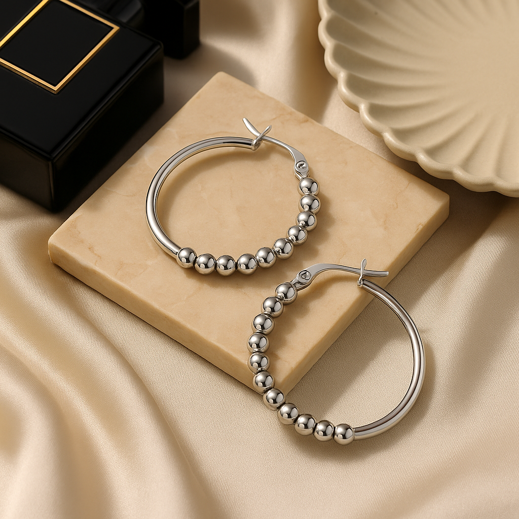 Stainless Steel Beaded Hoop Earrings (Lg)