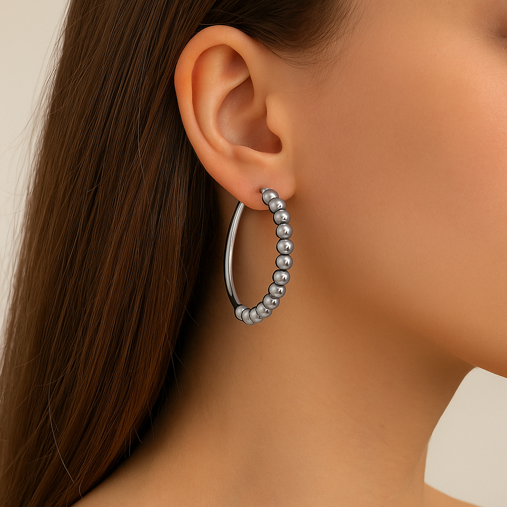 Stainless Steel Beaded Hoop Earrings (Lg)