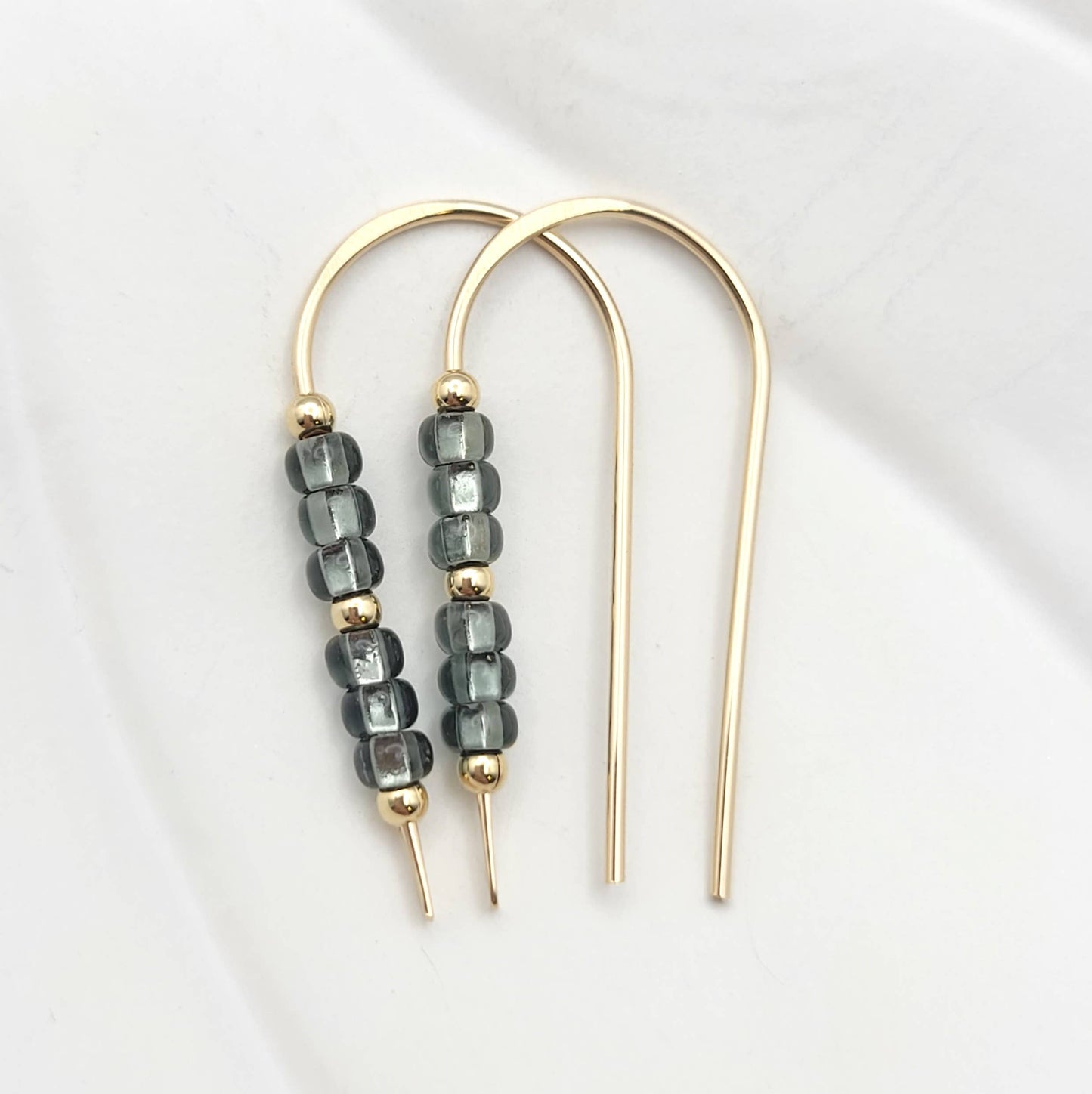 Gold Earrings - Beaded Threaders in Smokey Quartz