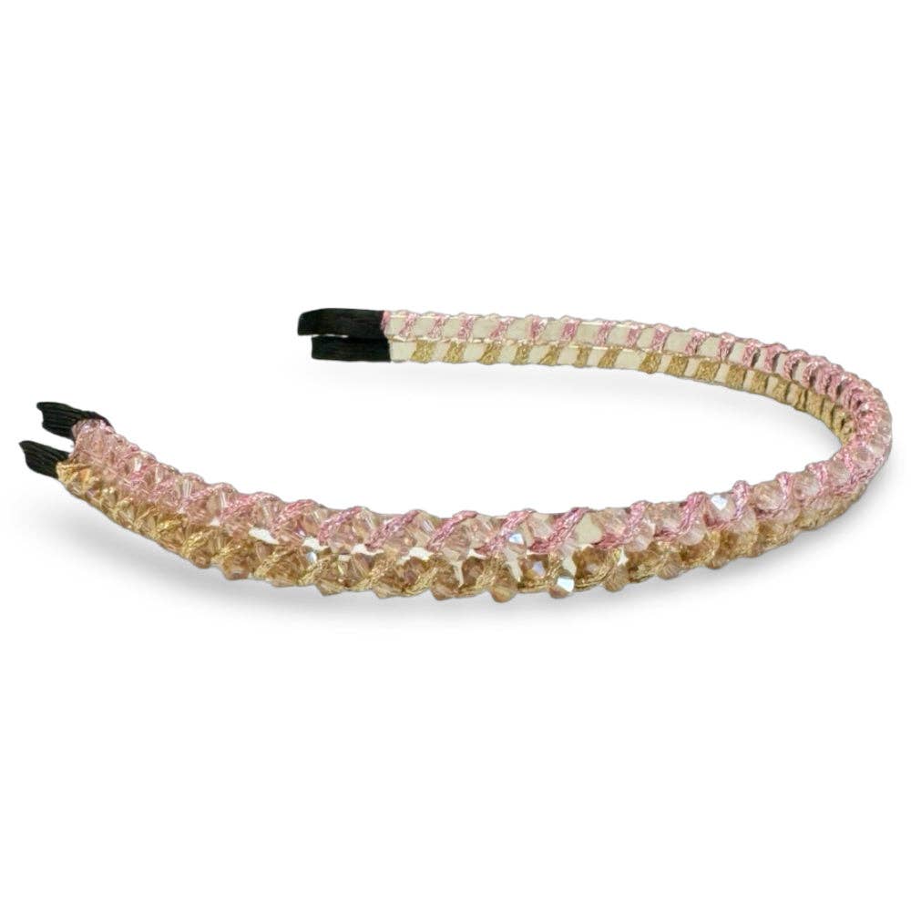Thin Beaded Headband Set - Gold + Pink