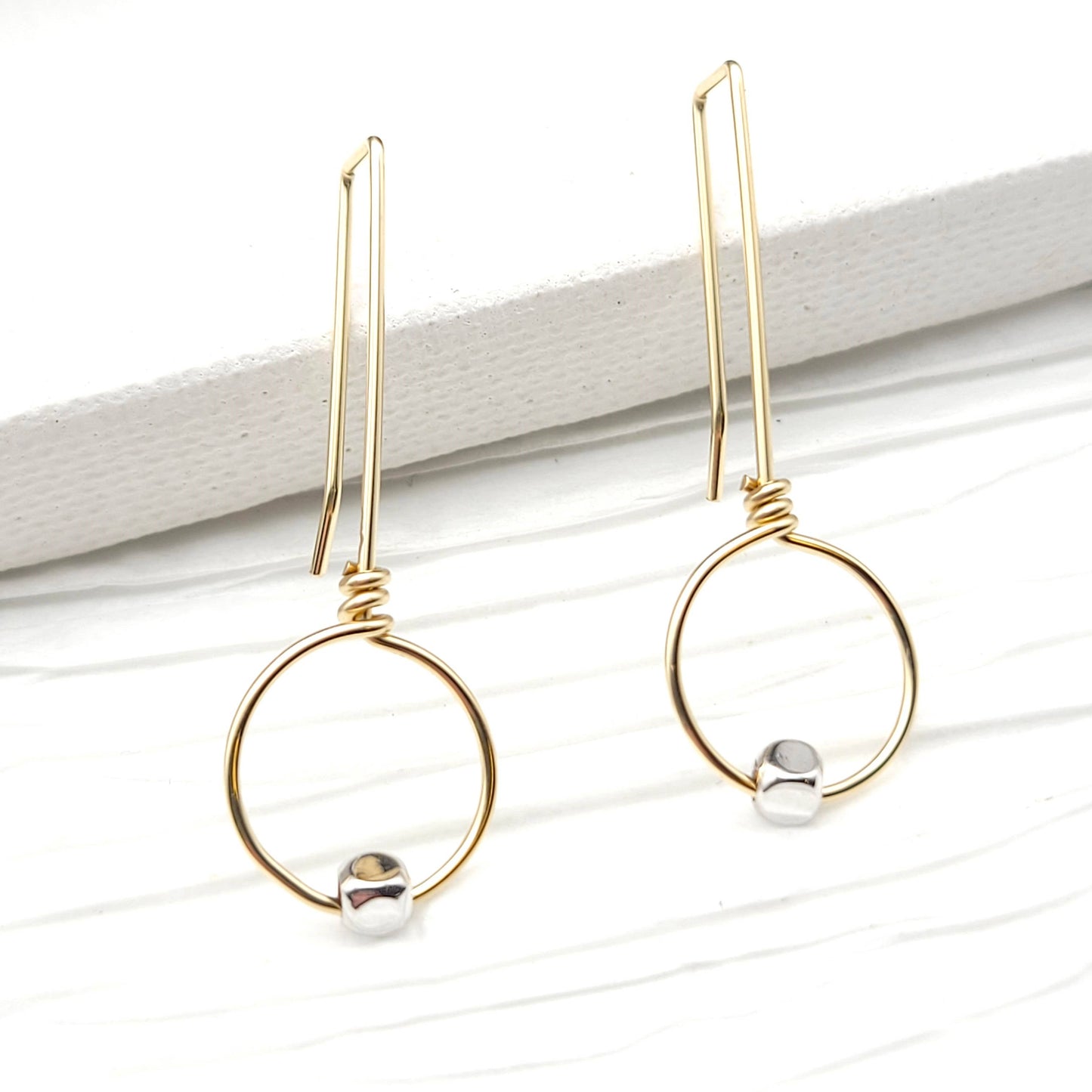 Gold Threader Hoop Earrings with Silver Bead