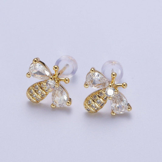 14K Gold Filled Micro Paved Bumble Queen Bee Cubic Zirconia Gold Stud Earrings | X934
