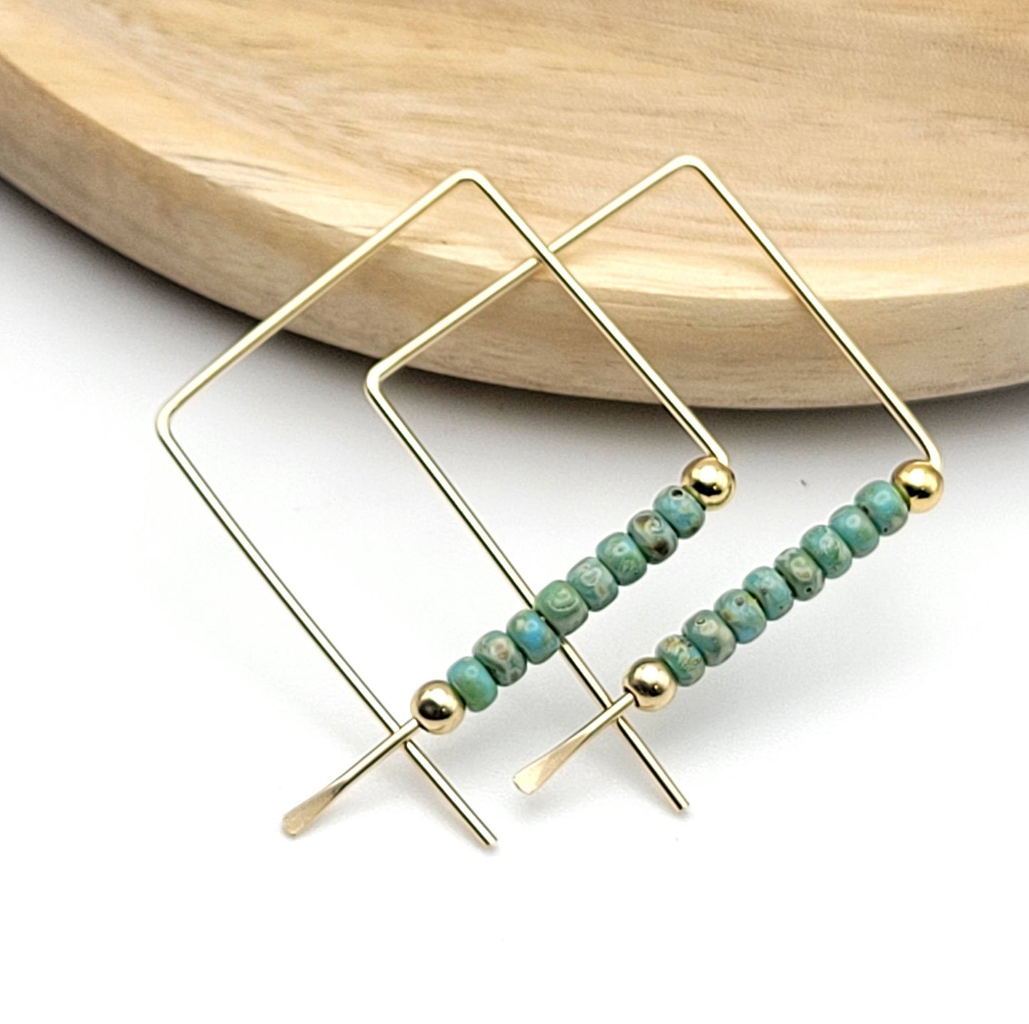 14k Gold Square Threader Hoops with Turquoise Beads