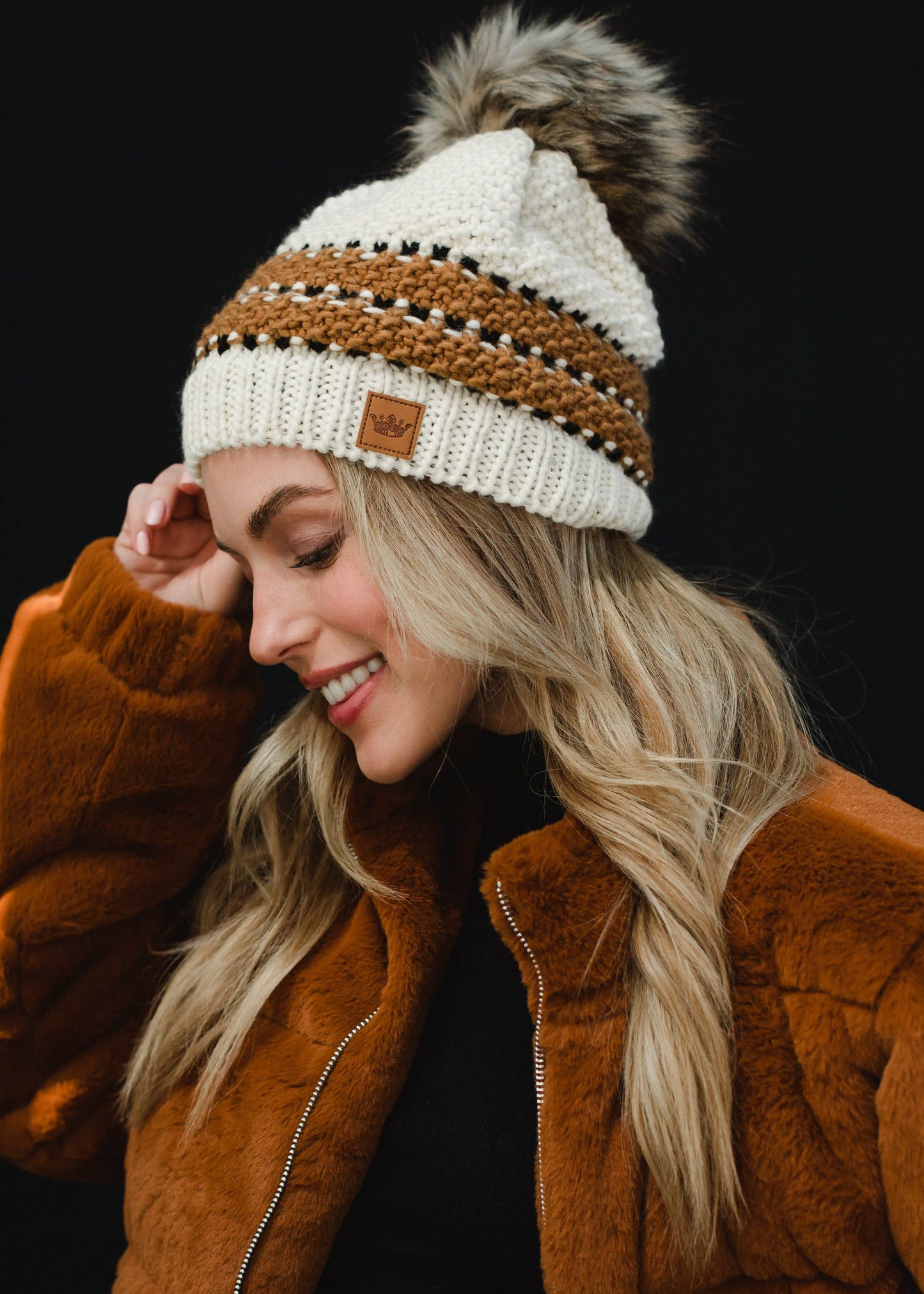 Cream, Mustard & Black Patterned Pom Hat