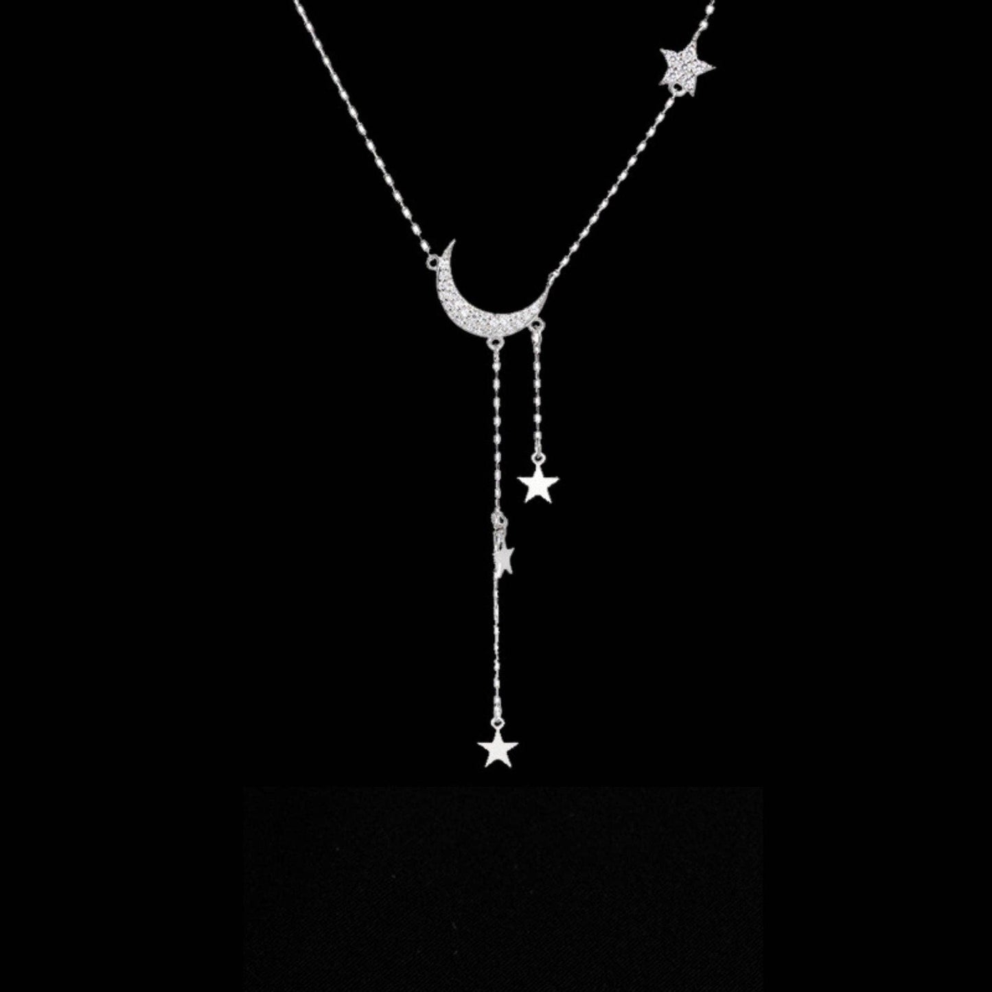 Moon Star Layered Tassel Necklace in 925 Sterling Silver