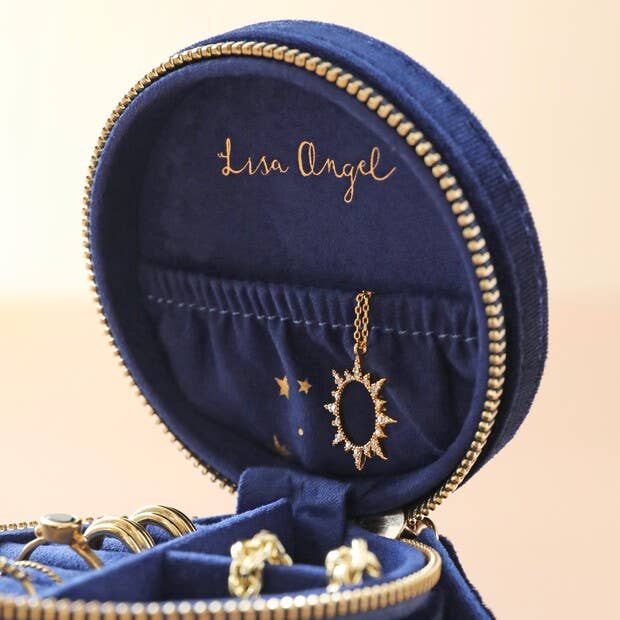 Starry Night Printed Velvet Round Jewellery Case in Navy