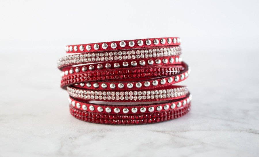 Josie Crystal & Silver Studded Leather Wrap Bracelet