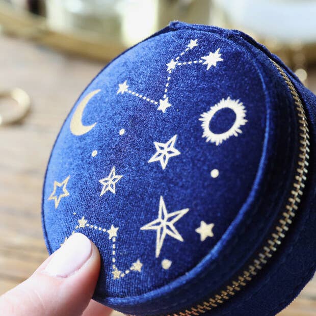 Starry Night Printed Velvet Round Jewellery Case in Navy