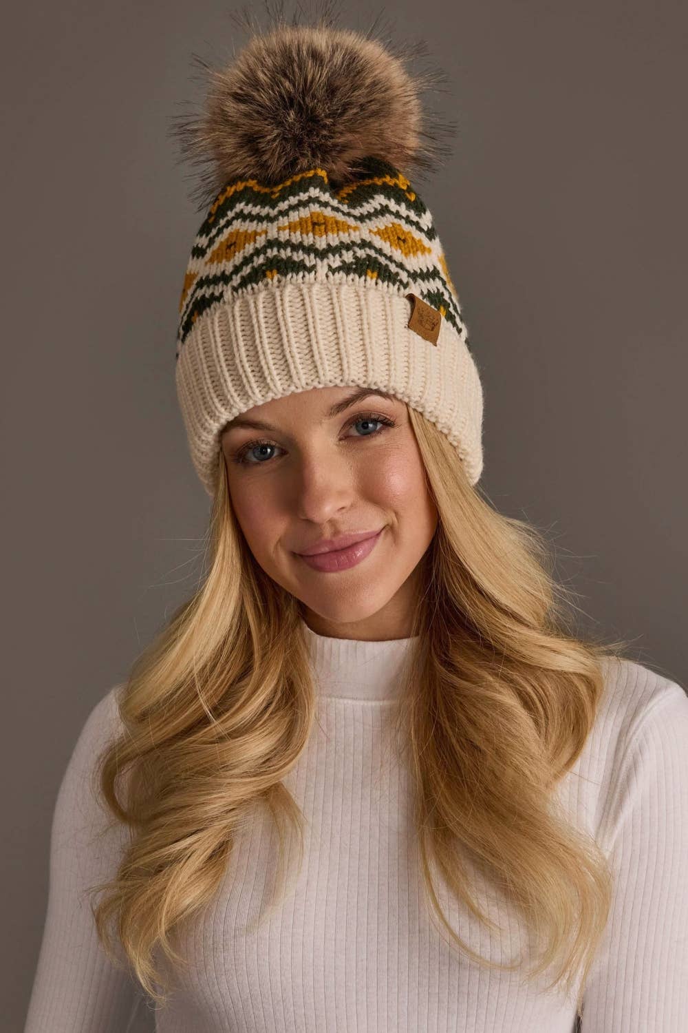 Cream, Olive & Mustard Patterned Pom Hat
