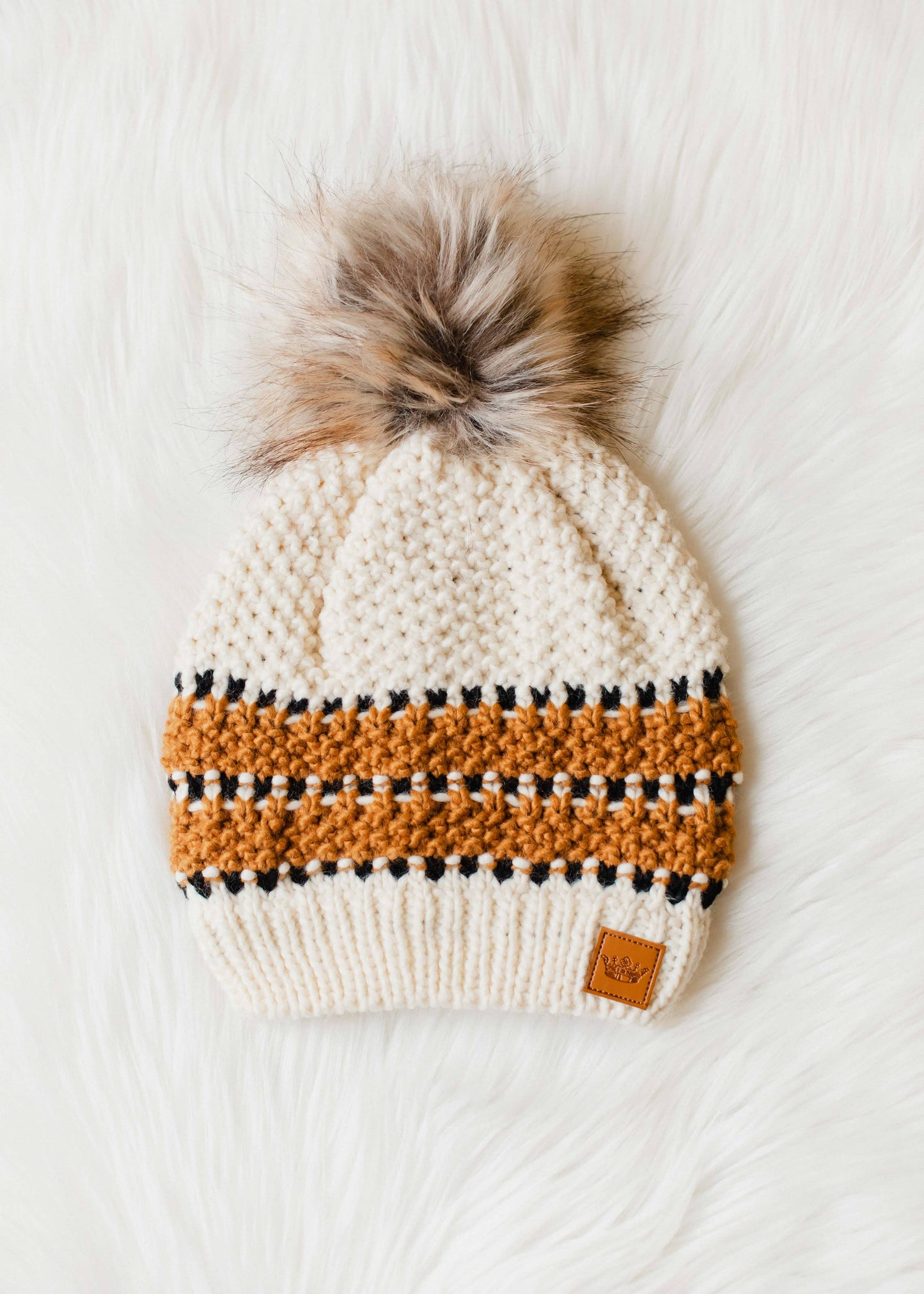 Cream, Mustard & Black Patterned Pom Hat