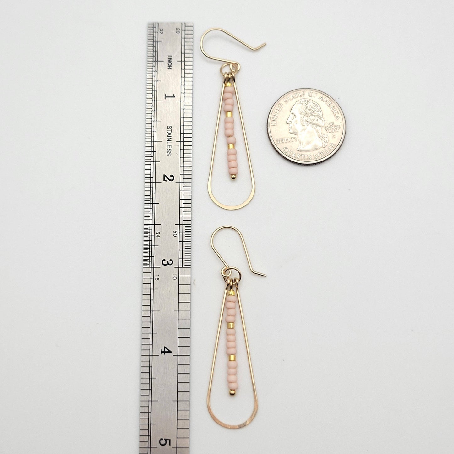 Long Gold Teardrop Hoop Earrings with Pale Pink Seed Beads