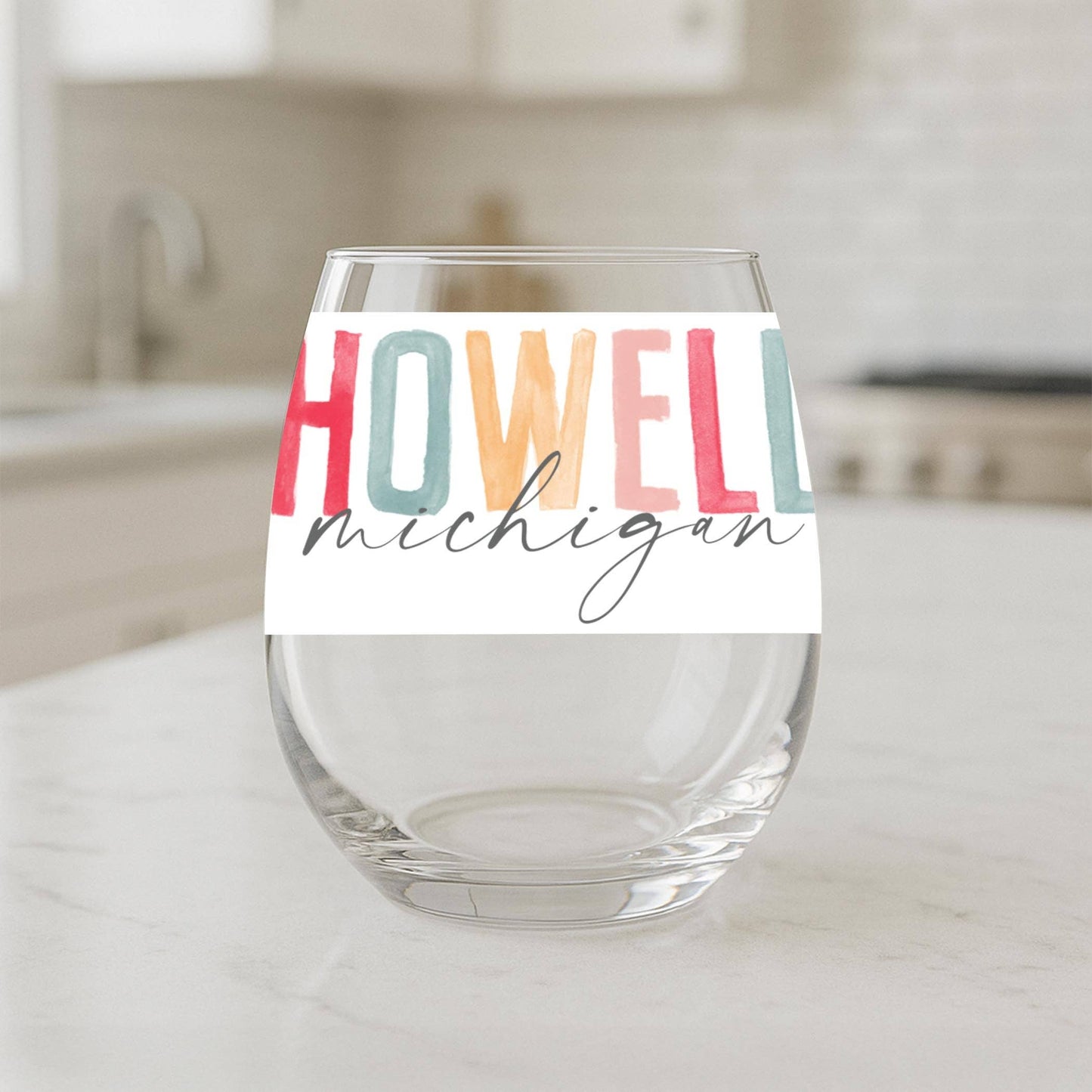 15oz Stemless Wine Glass-Watercolor City Howell Michigan