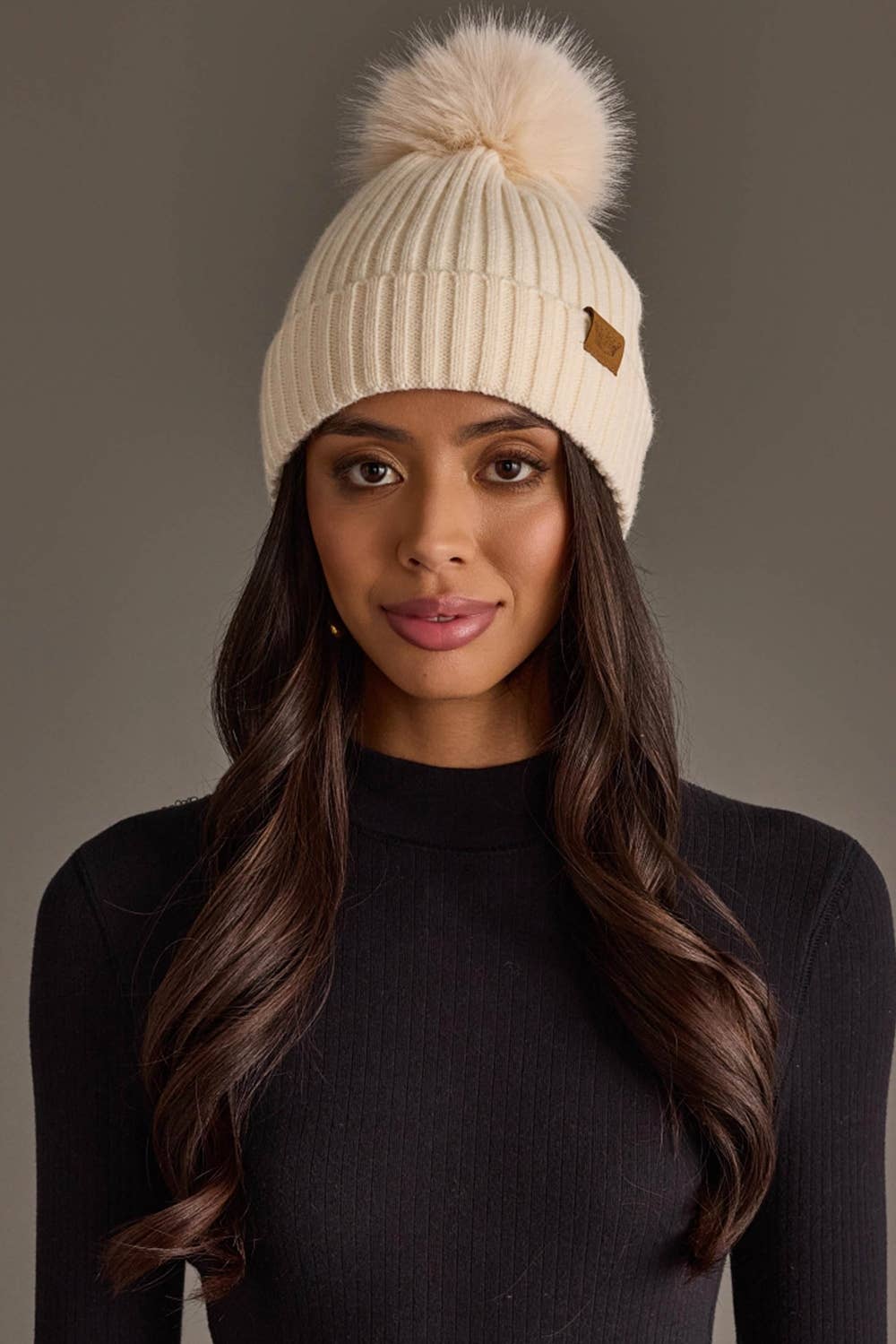 Cream Knit Hat with Cream Pom