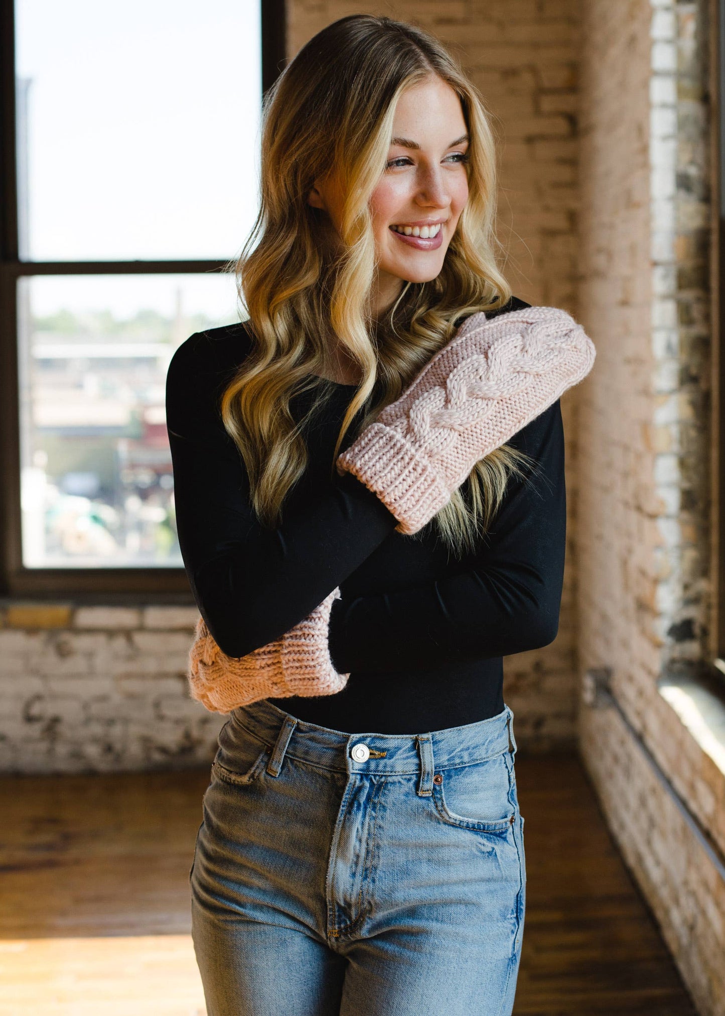 Blush Braided Knit Mittens