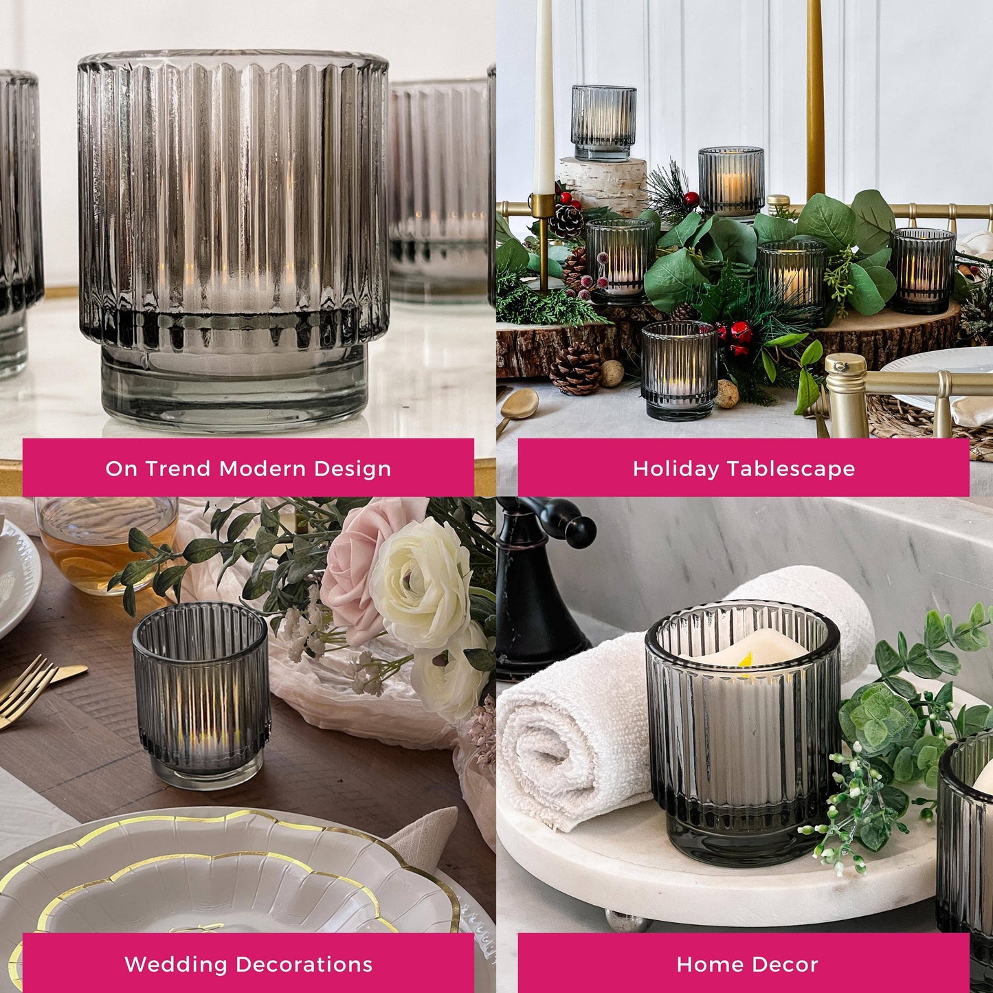 Ribbed Smoke Gray Glass Votive Candle Holder