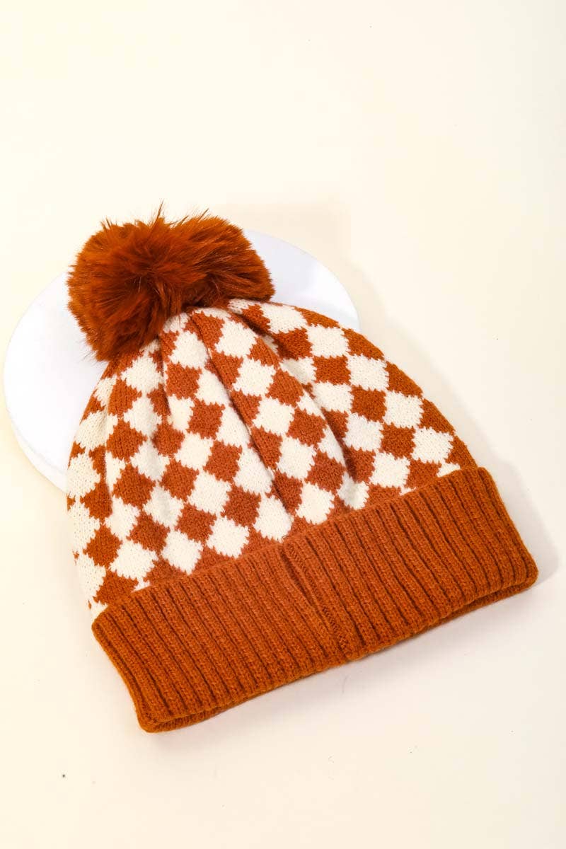 Checkered Pattern Pom Beanie