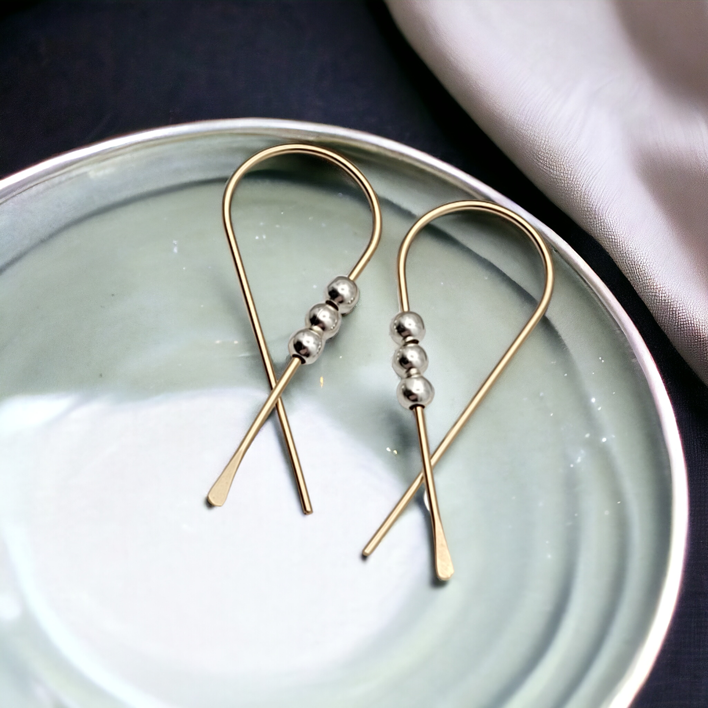 Gold Threader Ribbon Earrings with Silver Beads