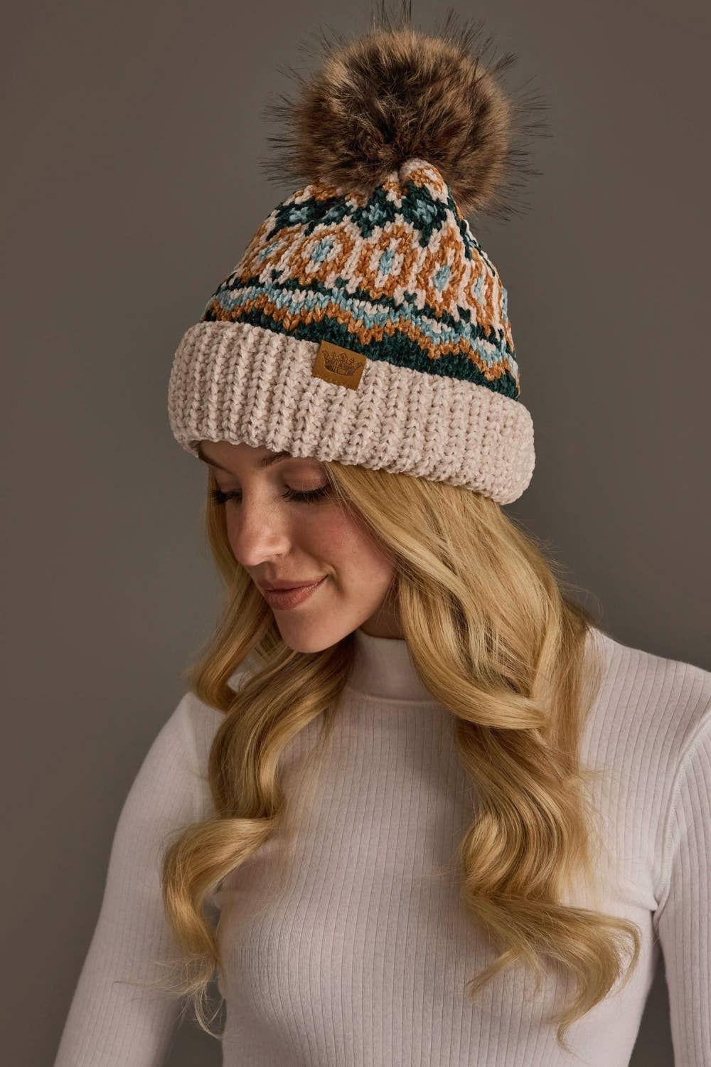 Beige & Multicolored Patterned Chenille Pom Hat