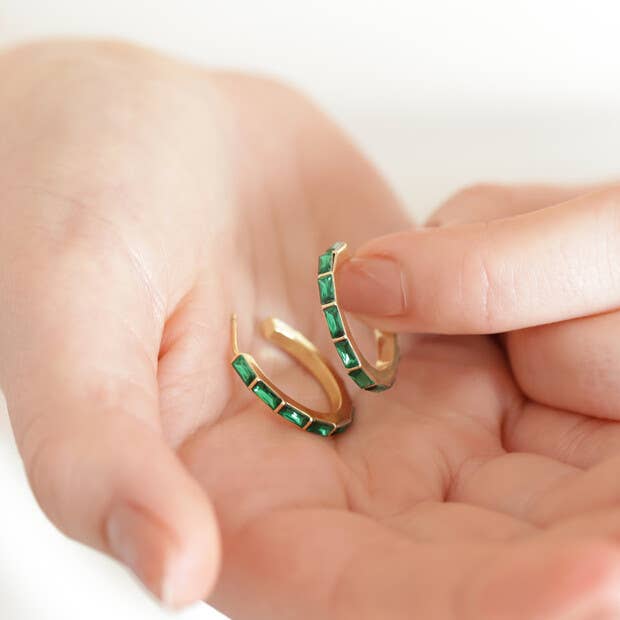 Green Crystal Hoop Earrings in Gold