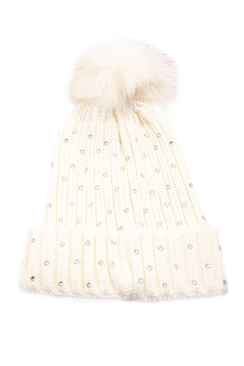 Crochet Knit Rhinestone Studded Pom Beanie