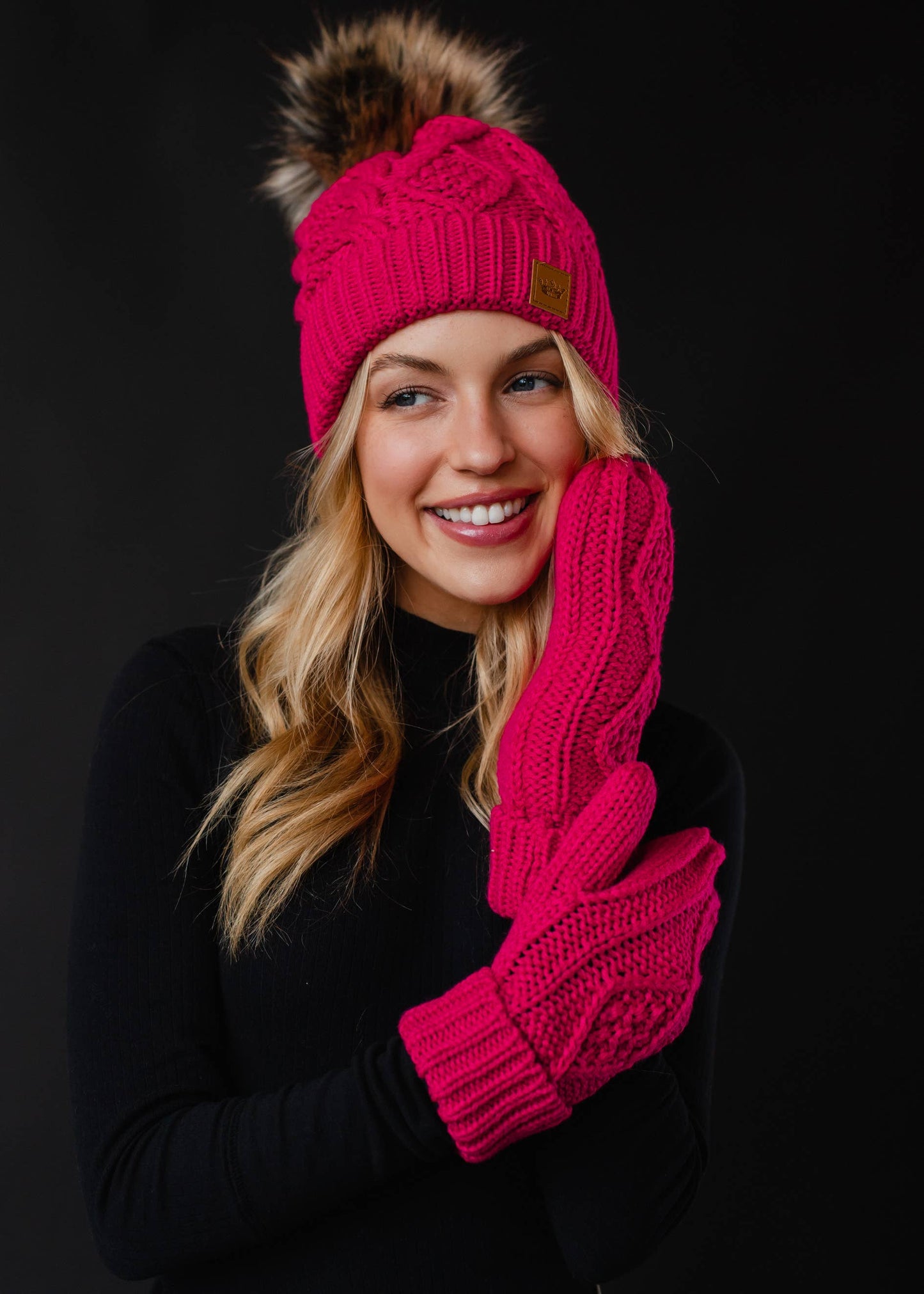 Bright Pink Cable Knit Mittens