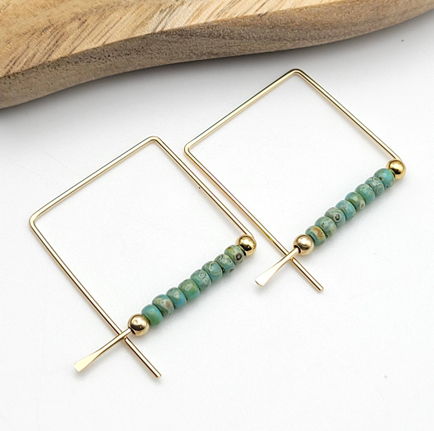 14k Gold Square Threader Hoops with Turquoise Beads