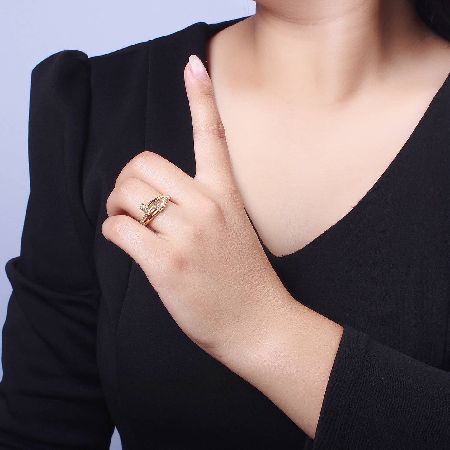 Clear CZ Crystal Unique Bended Nail Shaped Adjustable Ring