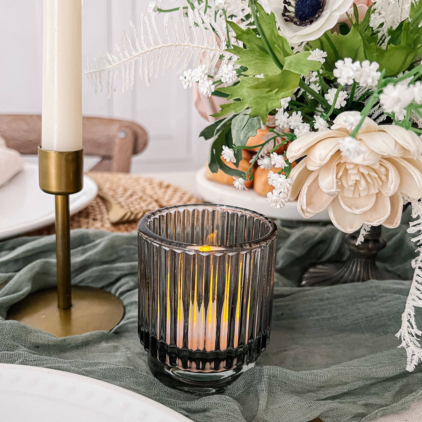 Ribbed Smoke Gray Glass Votive Candle Holder