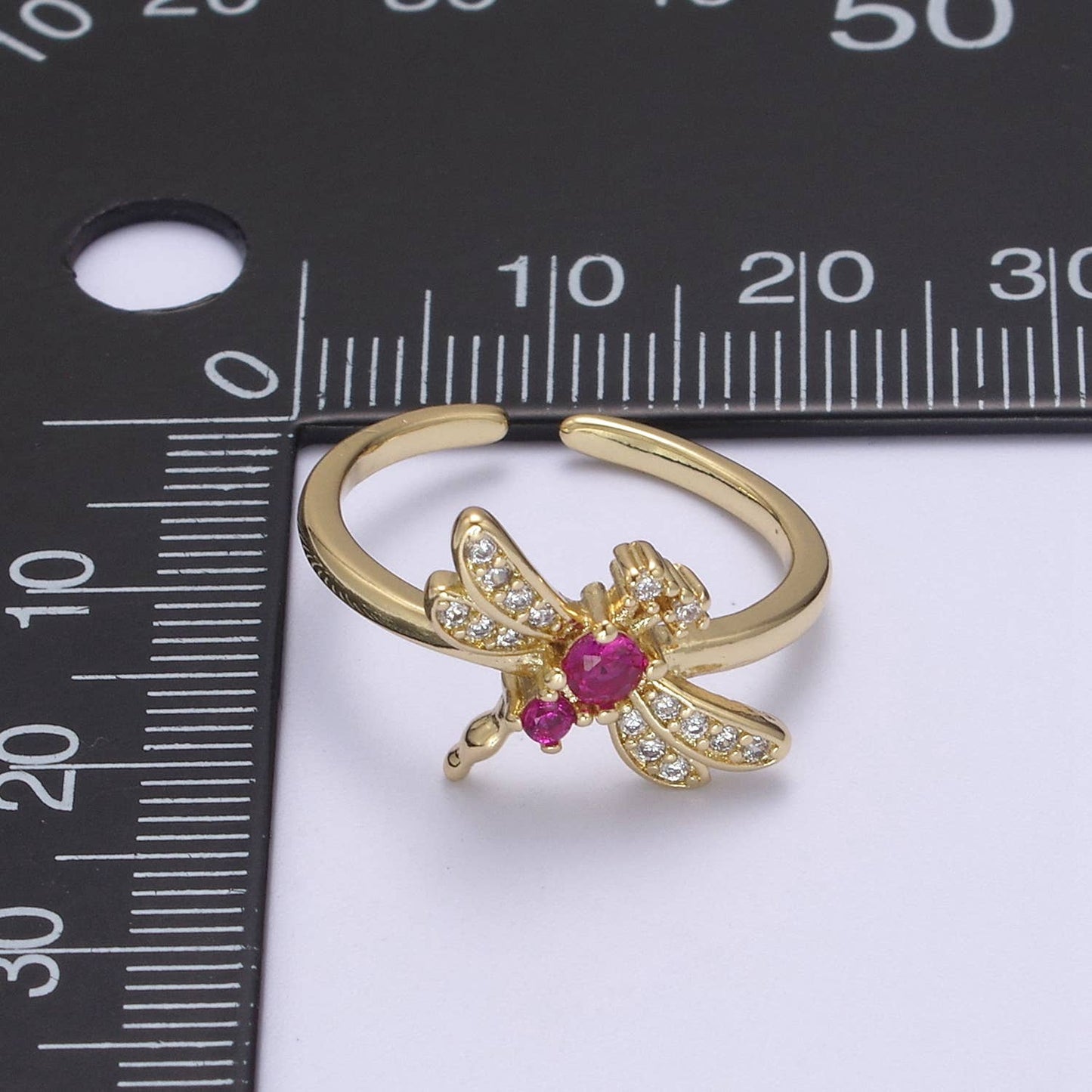 Elegant Fuchsia CZ Stone Dragonfly Gold Minimalist Ring