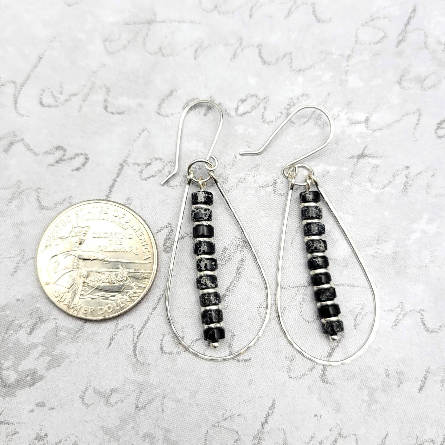 Black Jasper and Silver Teardrop Hoop Earrings