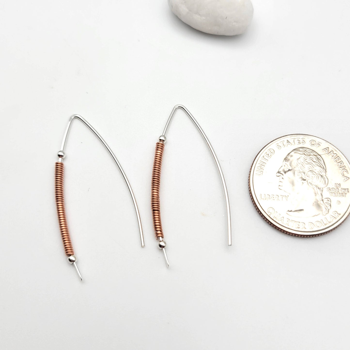 Silver and Copper Coil Wishbone Threader Earrings