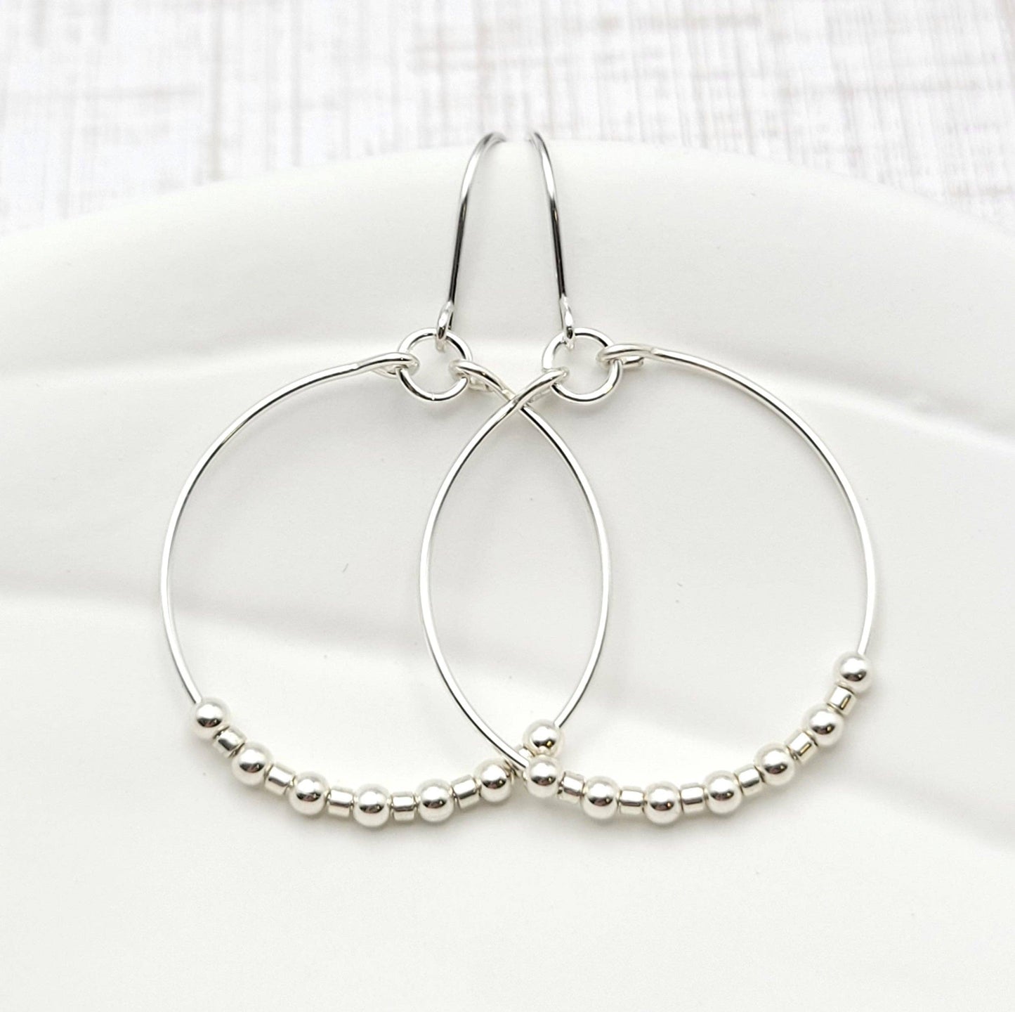 Silver Hoop Earrings with Silver Beads