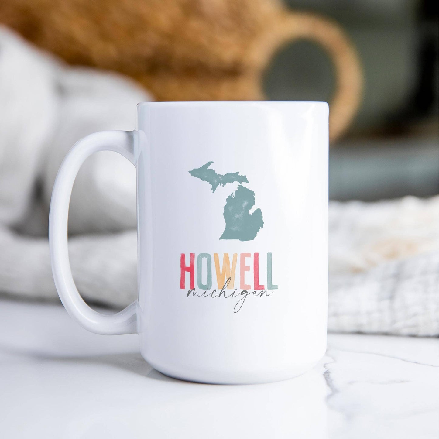 15oz Coffee Mug White-Watercolor City Howell Michigan