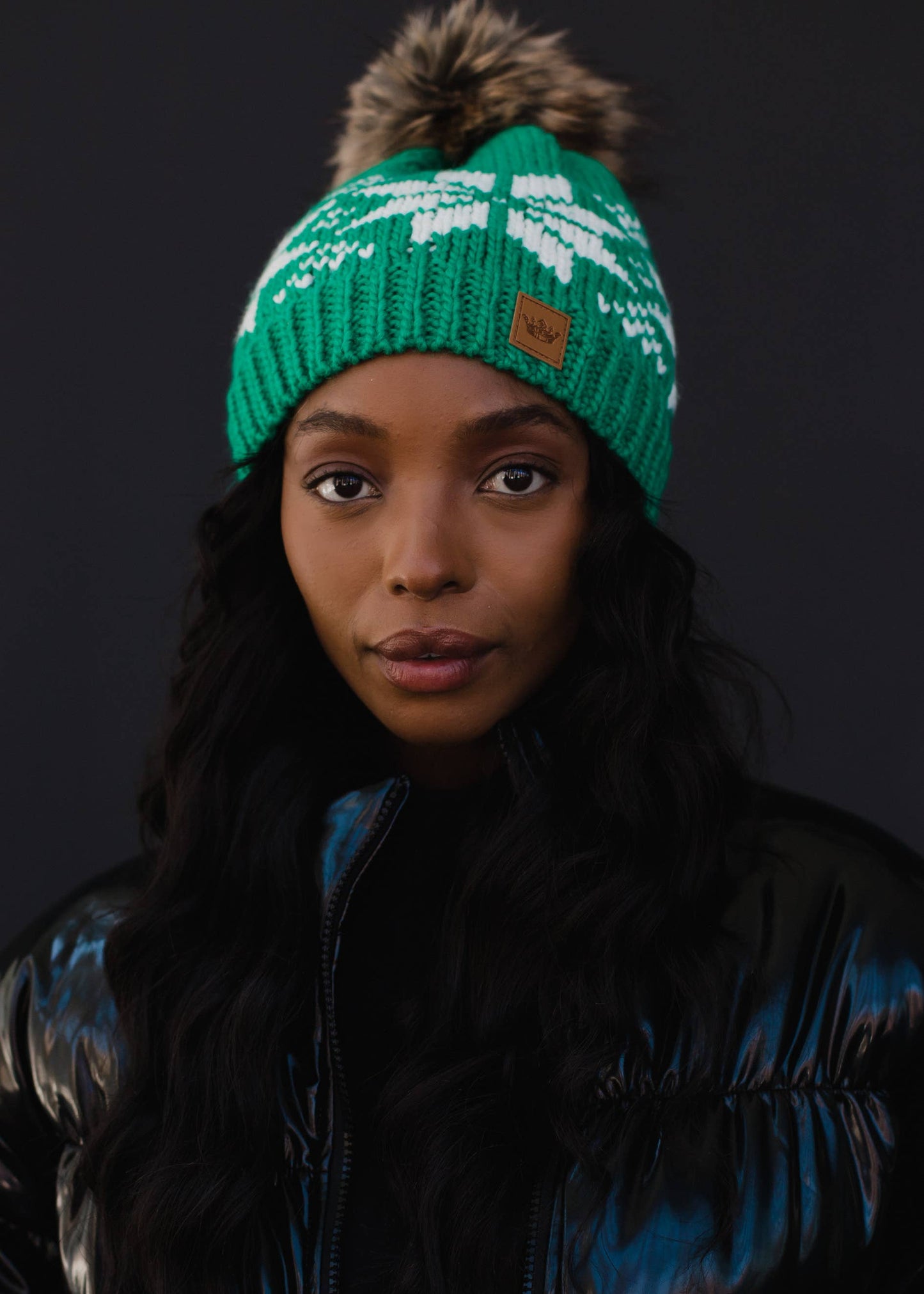 Green & White Snowflake Pom Hat