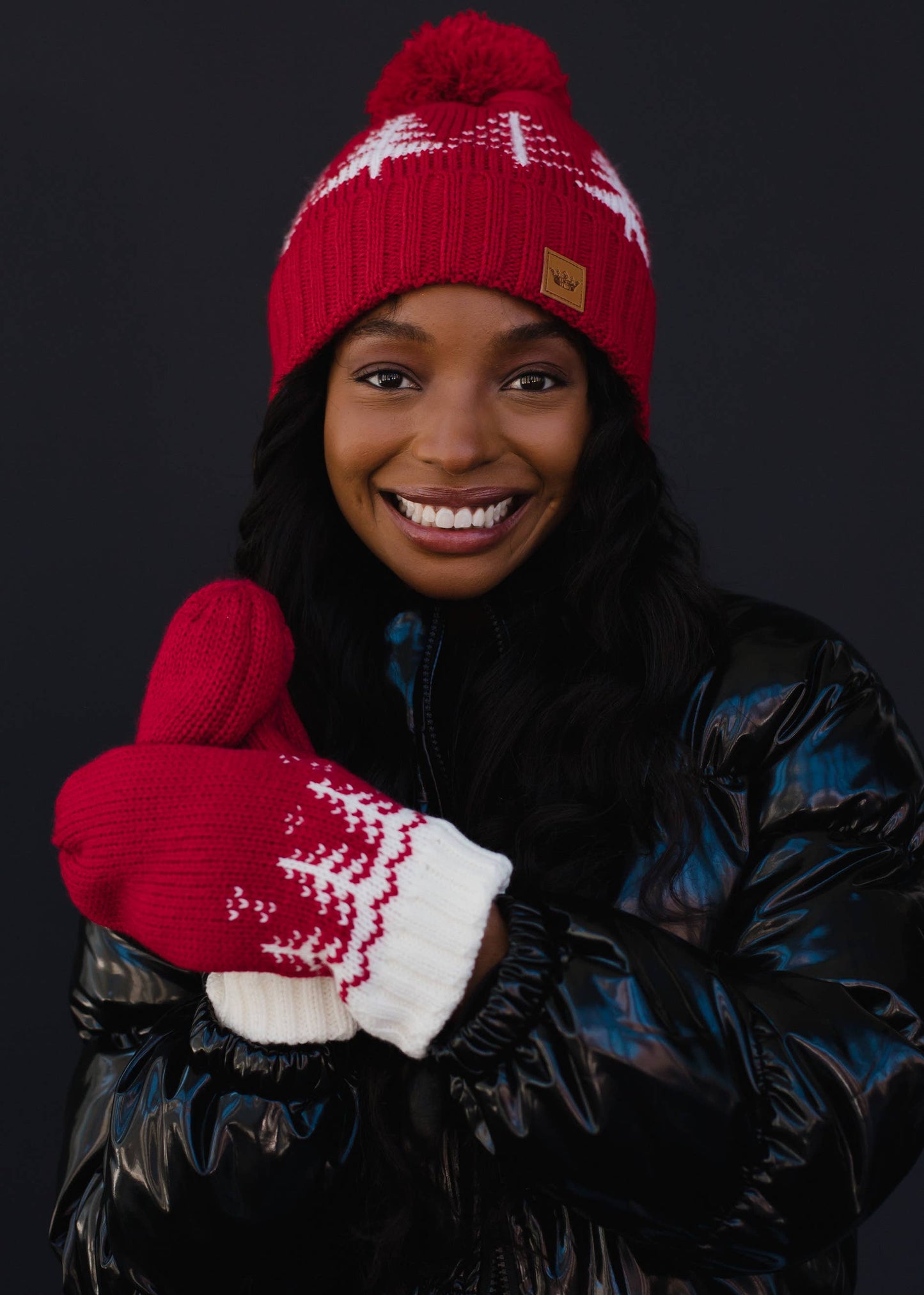 Red & White Tree Pattern Knit Mittens