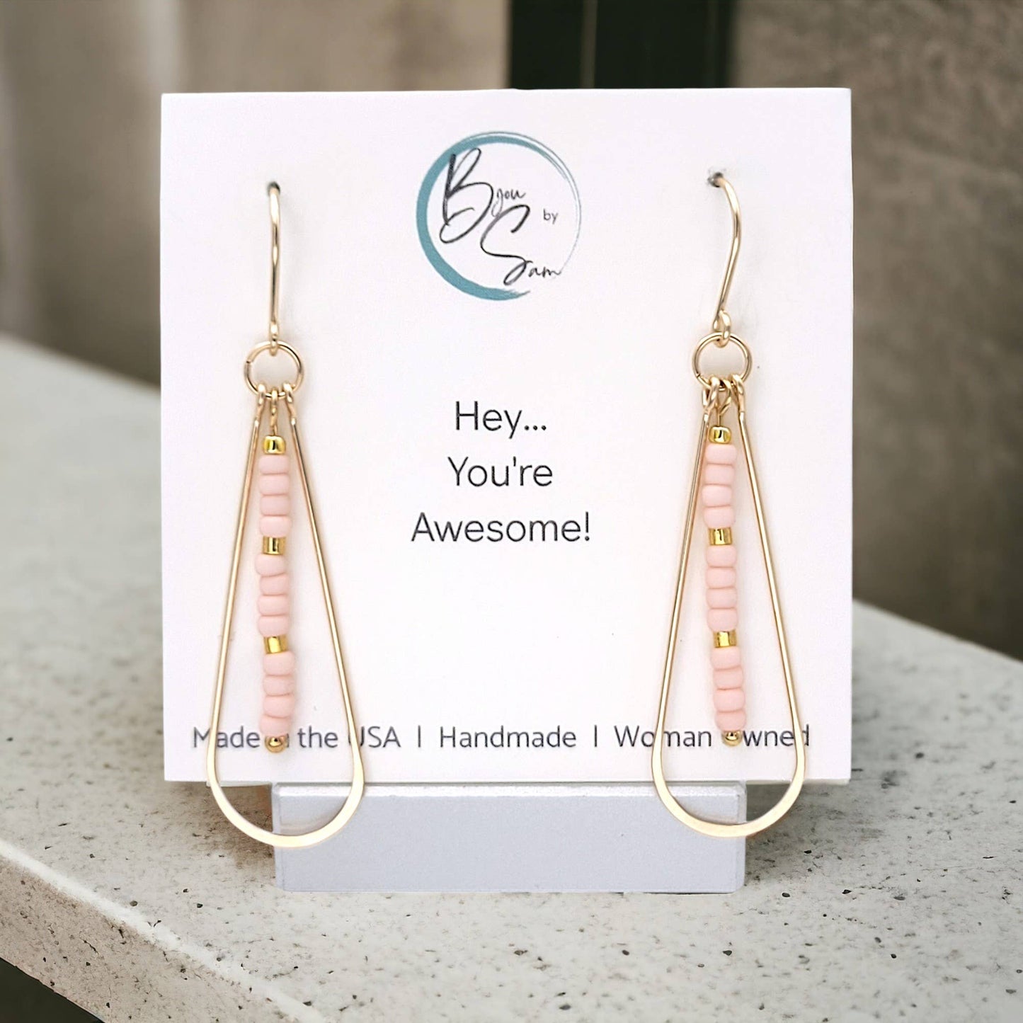 Long Gold Teardrop Hoop Earrings with Pale Pink Seed Beads