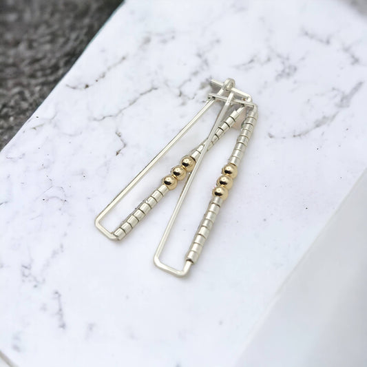 Silver Rectangle Earrings with Silver & Gold Beads