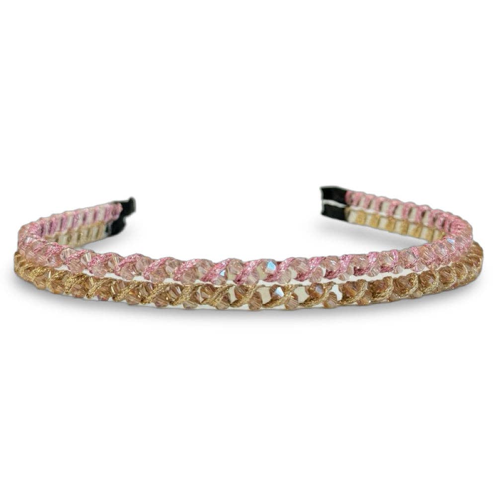 Thin Beaded Headband Set - Gold + Pink