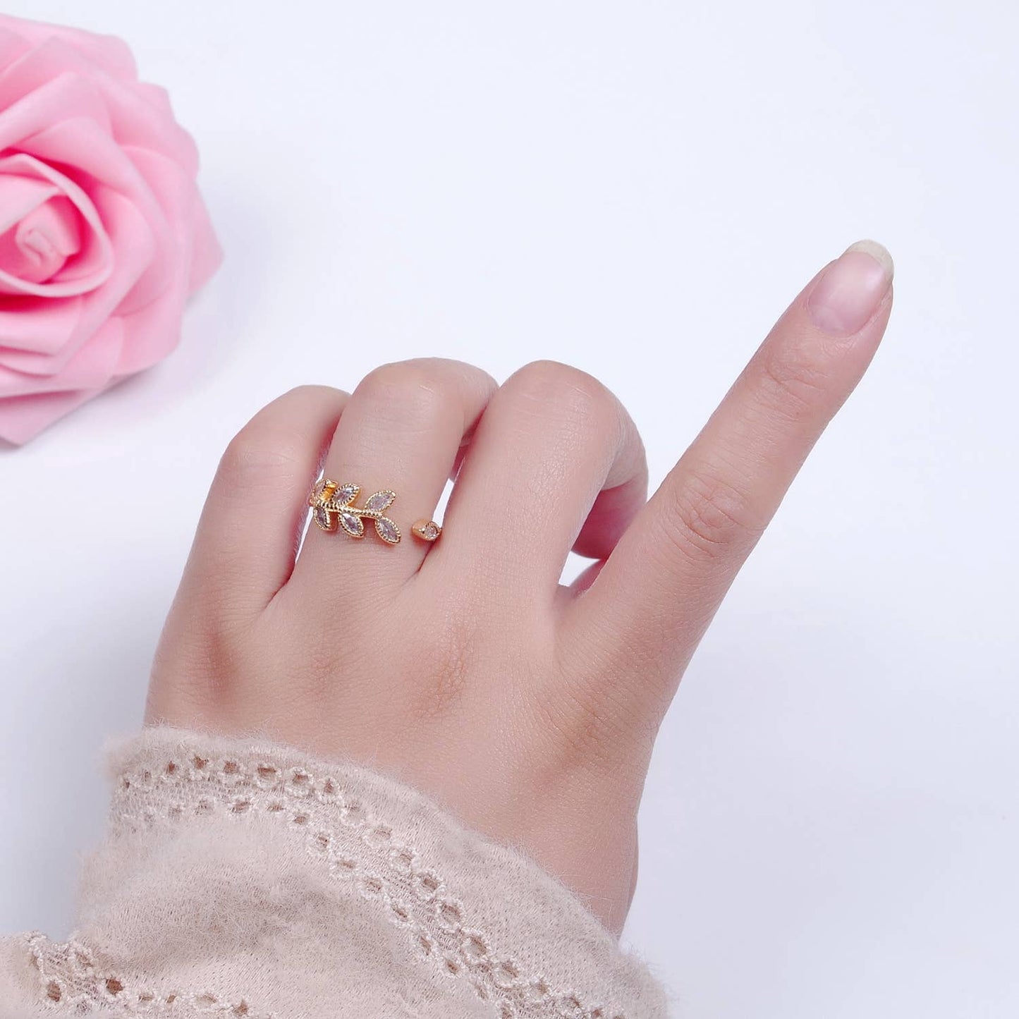 Elegant Clear CZ Vine Rosemary Gold Nature Themed Ring O2252