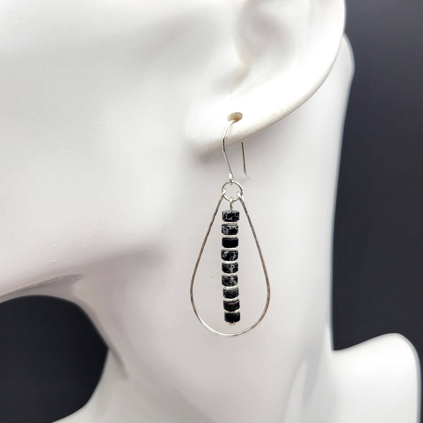 Black Jasper and Silver Teardrop Hoop Earrings