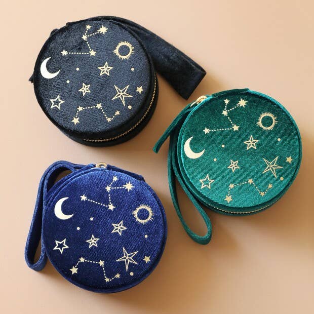 Starry Night Printed Velvet Round Jewellery Case in Navy