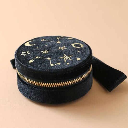 Starry Night Velvet Mini Round Jewellery Case in Black