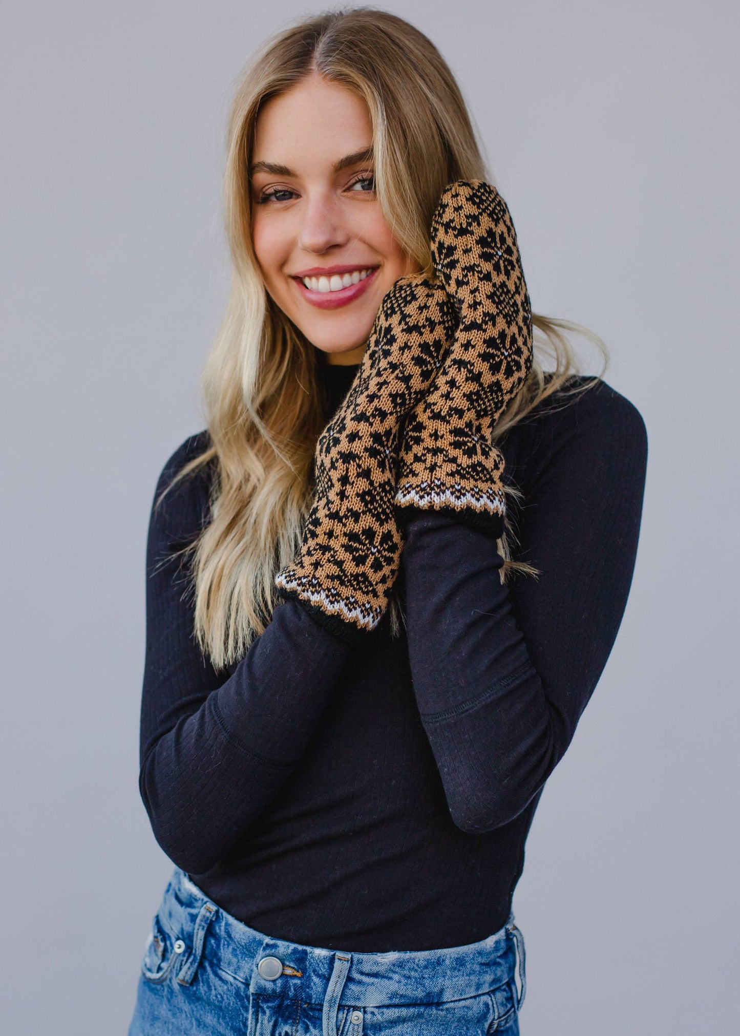 Camel, Black & White Patterned Knit Mittens