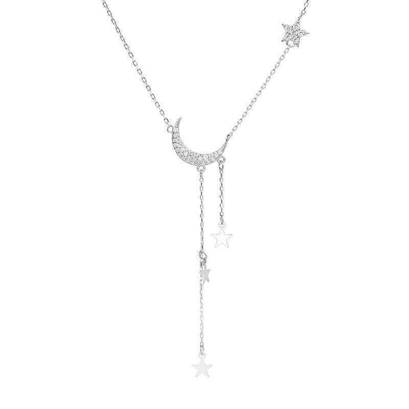 Moon Star Layered Tassel Necklace in 925 Sterling Silver